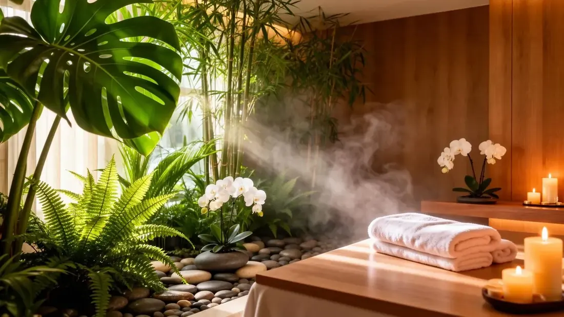 dimly lit massage room with warm lamp light in the evening