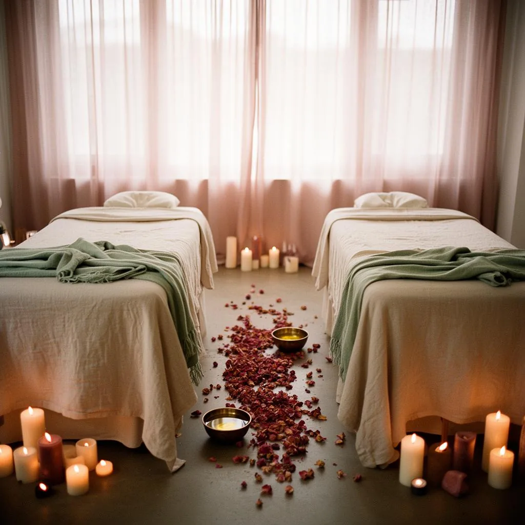 Couples massage suite prepared with two side-by-side tables under sage blankets and a ring of lit candles