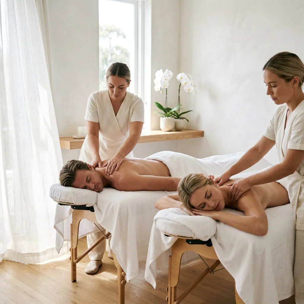 Two therapists working at the same time on a man and a woman lying on adjacent massage tables in a bright couples room with orchids