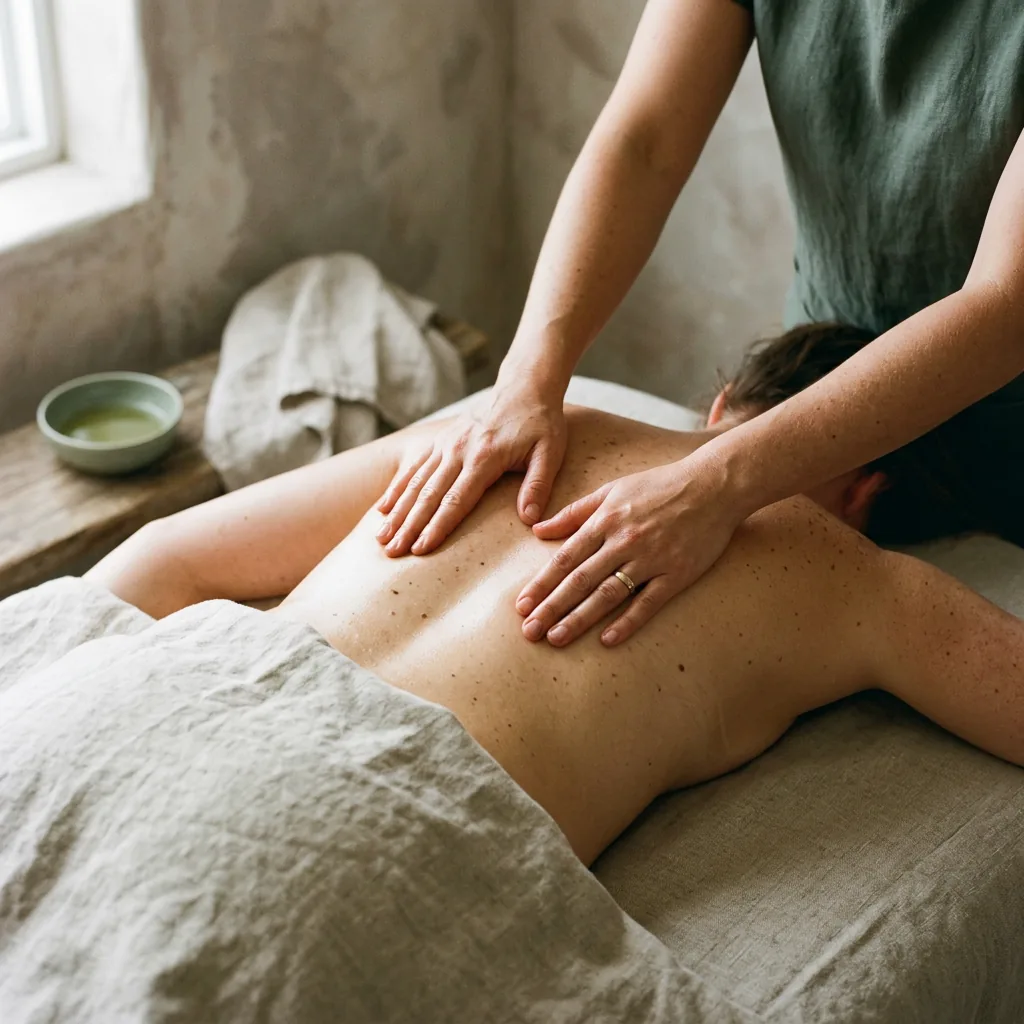 Therapist pressing both palms flat across a client's bare back during a deep tissue massage, client draped in sage linen