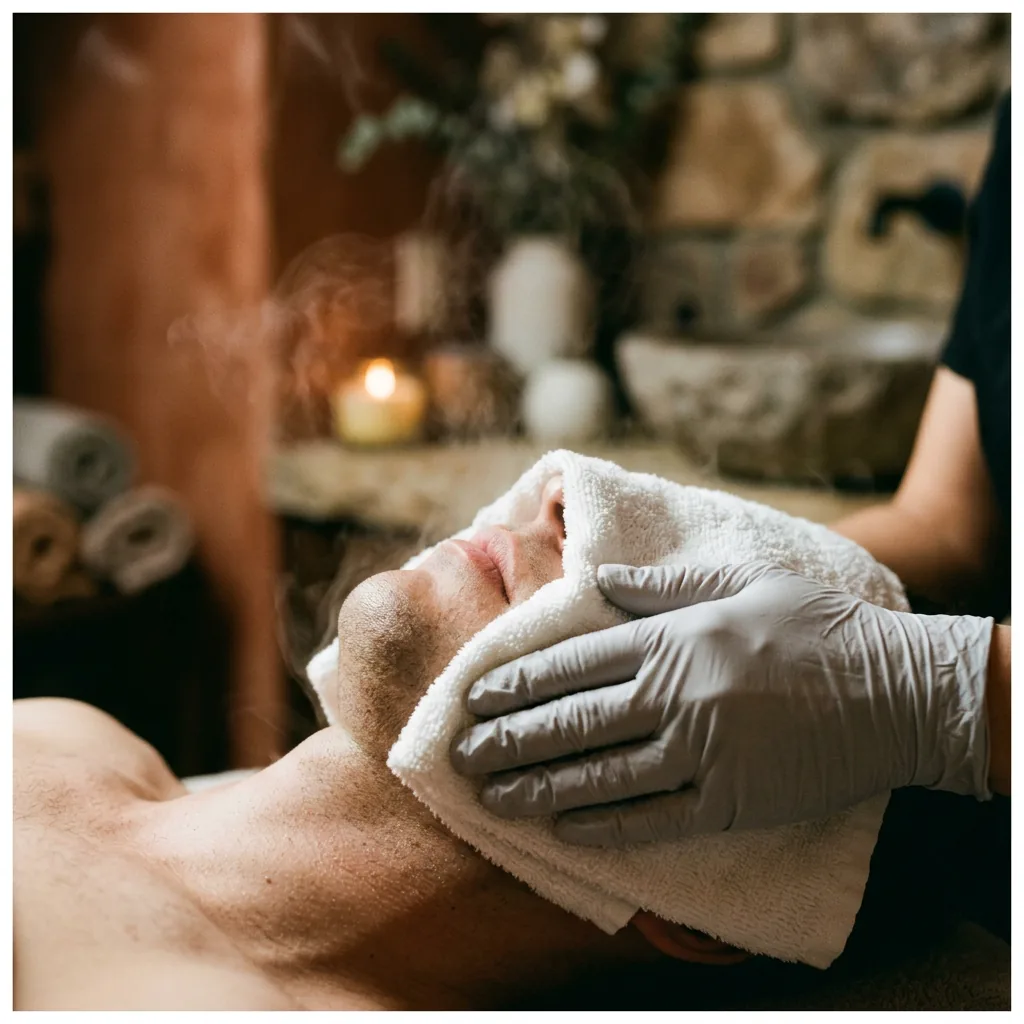 Esthetician pressing a warm steam towel over a client's face to open the pores at the start of a deep cleansing facial