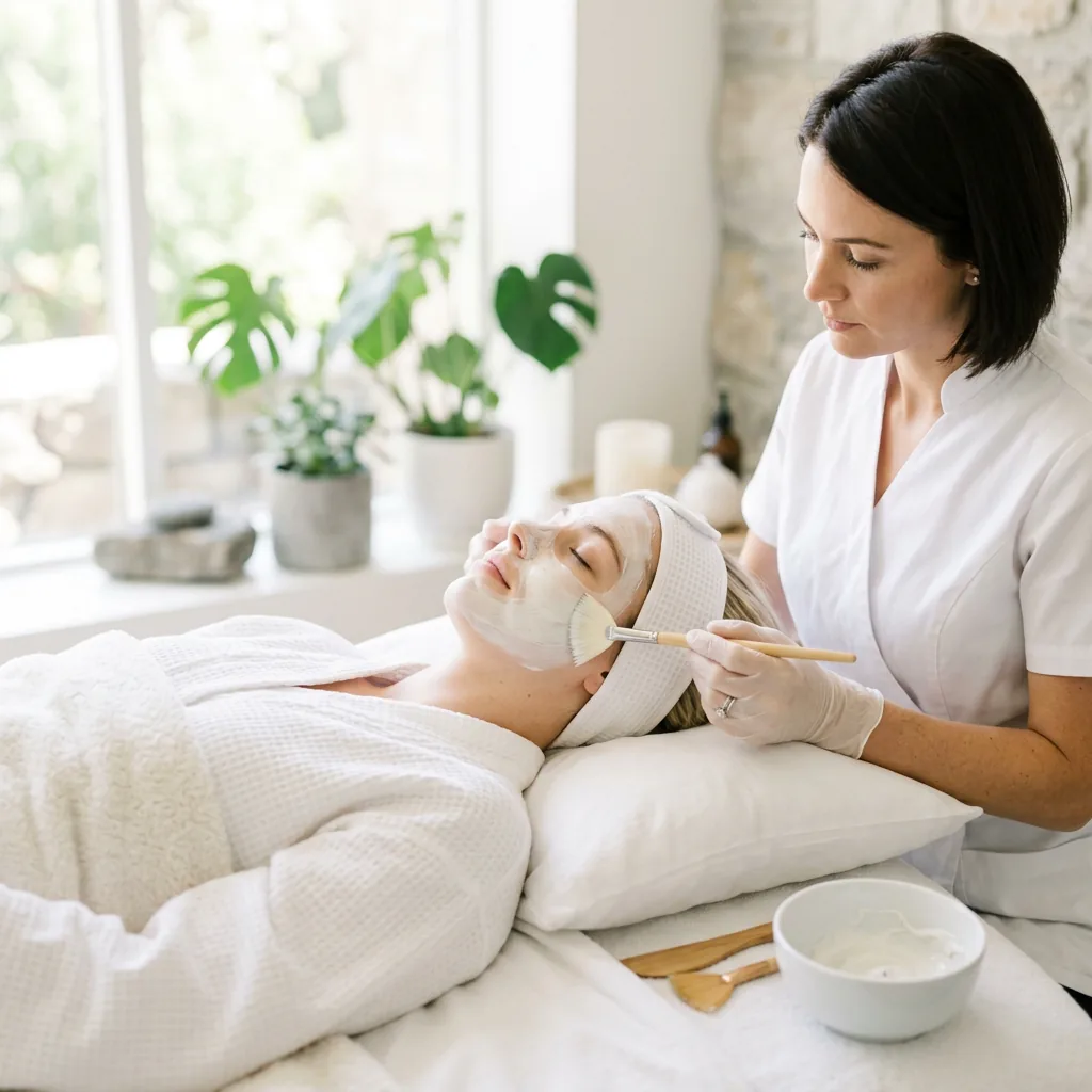 Esthetician brushing a white clay cleansing mask across a client's cheek, the client wearing a white towel headband