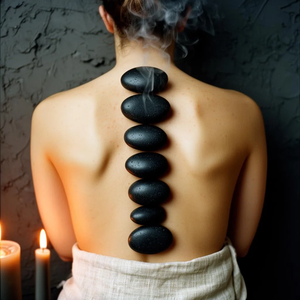 Row of heated black basalt stones laid in a line down a client's spine during a hot stone massage, candles lit behind