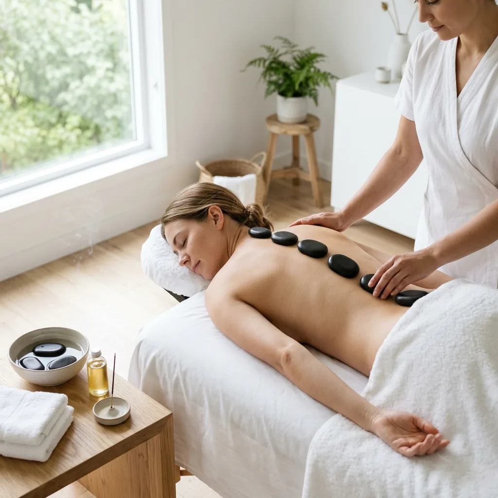 Therapist placing warm basalt stones along a client's back, a tray of stones and massage oil on the table beside a window