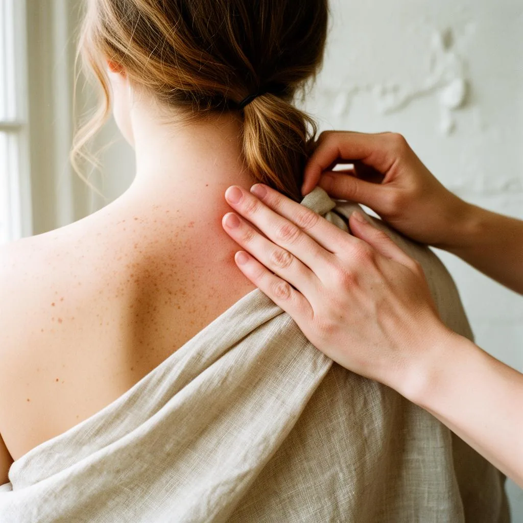 therapist working along a client's shoulder and neck line
