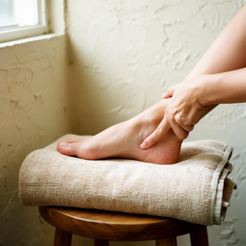 Therapist applying thumb pressure to the arch of a client's bare foot resting on a rolled linen towel over a wooden stool