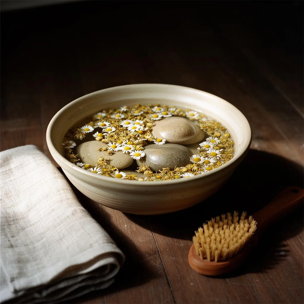 Brass foot-soak bowl of warm water with floating chamomile blossoms and two smooth massage stones beside a folded linen towel