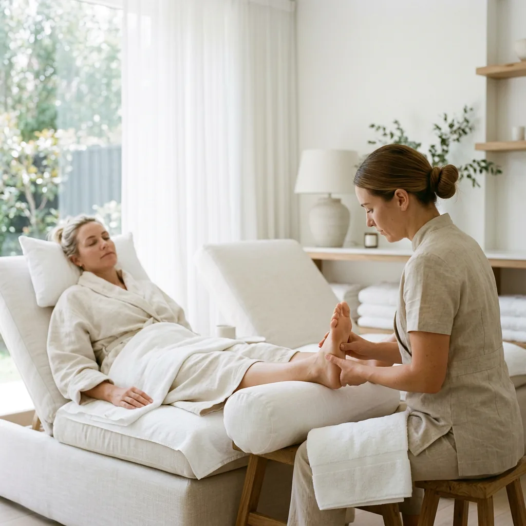 client reclining in a robe while a seated therapist works the sole of her foot with both thumbs