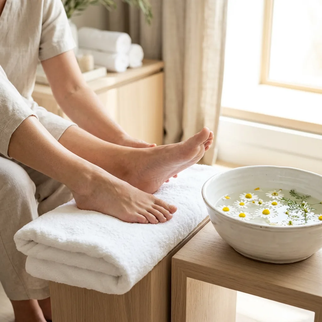 bare feet resting on folded white towels beside a bowl of chamomile-infused water after a reflexology session