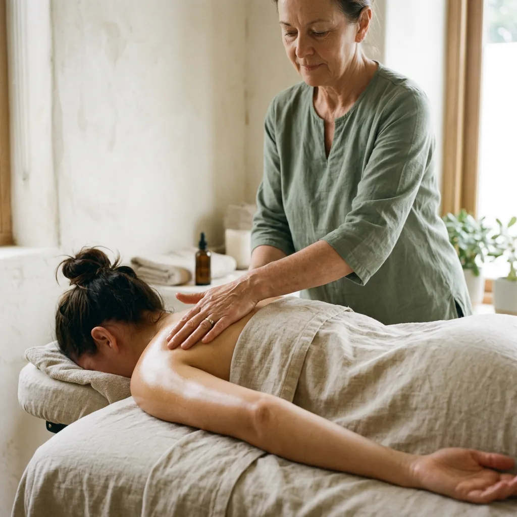 Therapist drawing long two-handed strokes up a client's back during a back massage, the client draped in taupe linen